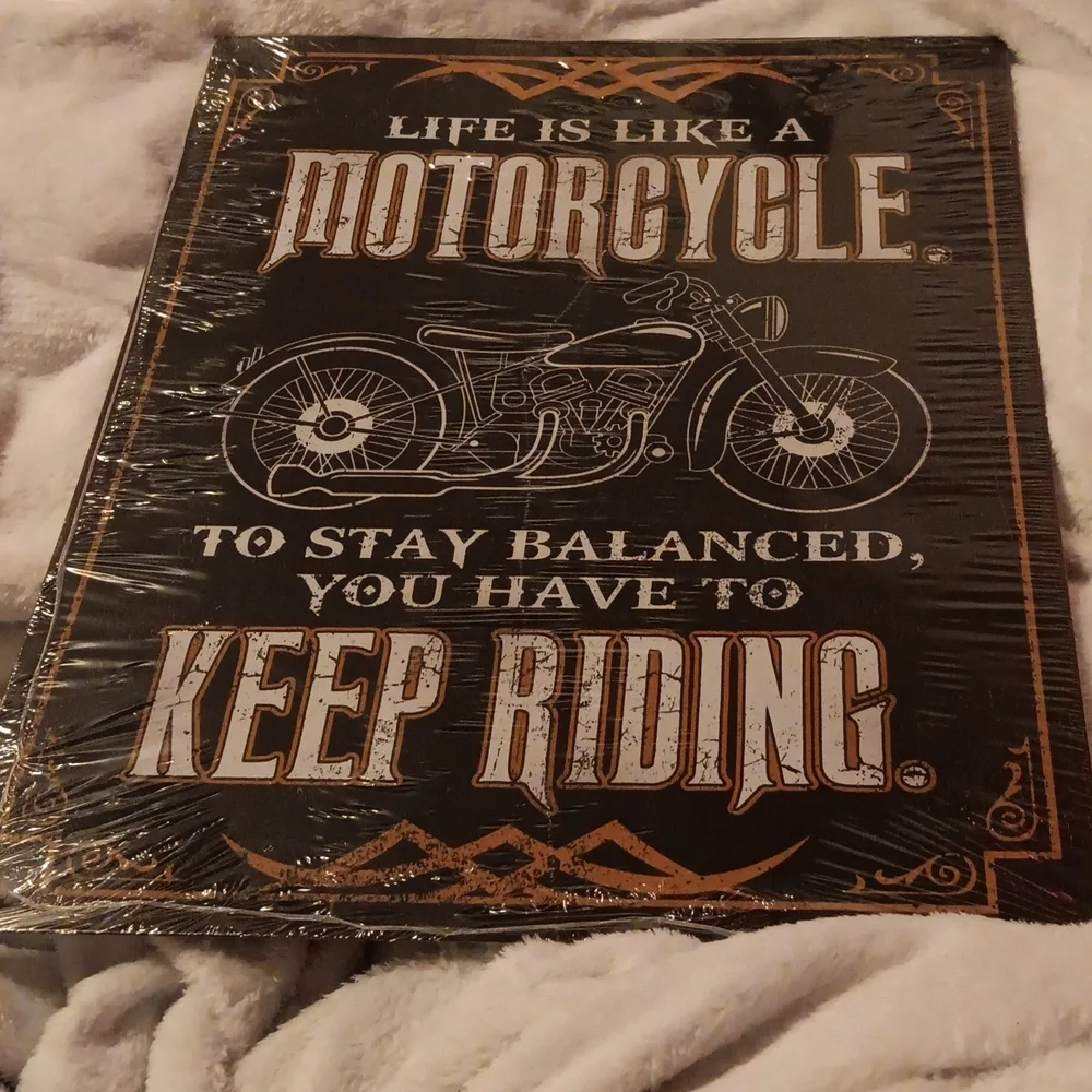 Motorcycle Metal Sign in black, white & orange 16